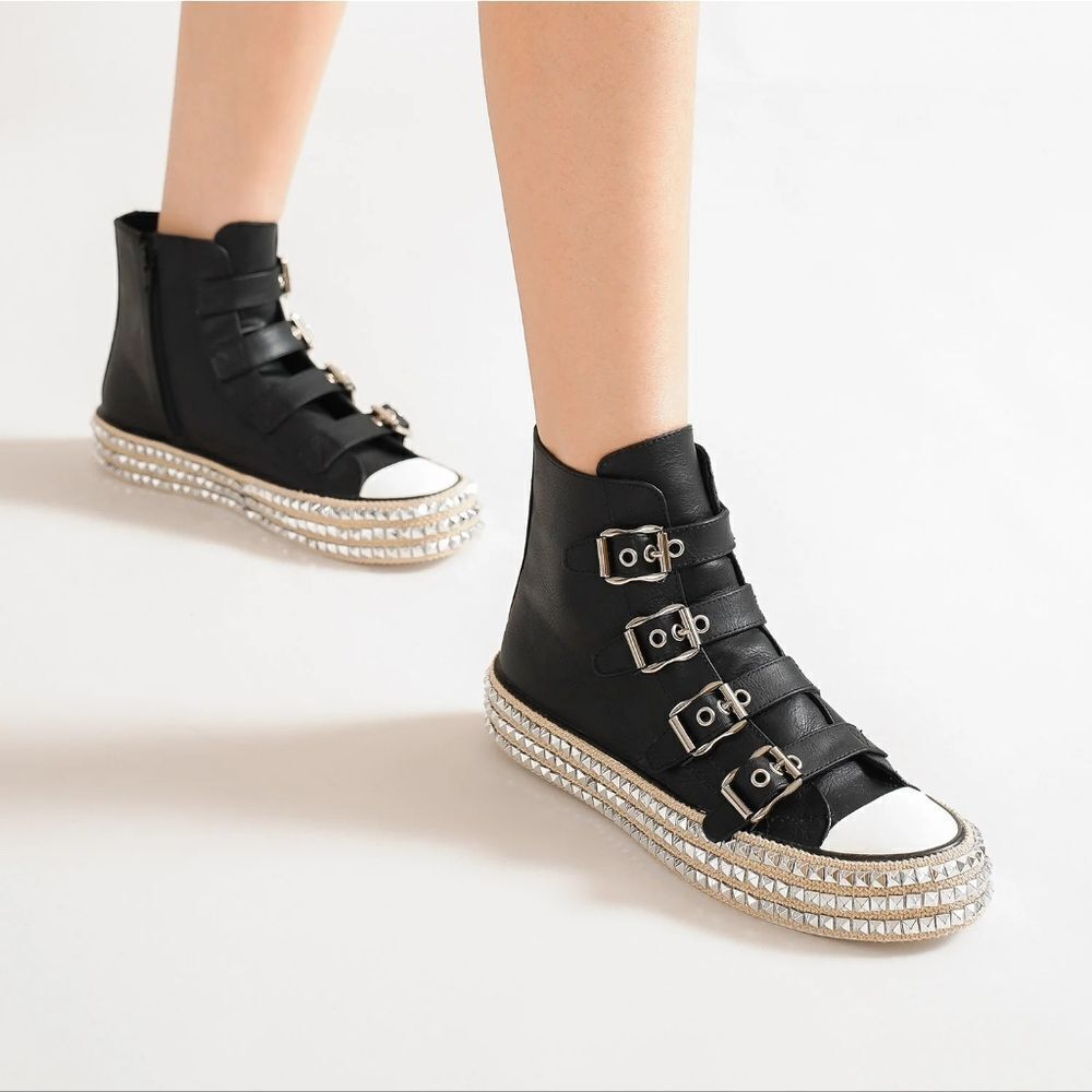 BEAST FASHION Black High-Tops Multiple Silver Buckles Womens Shoes Size 7,  7.5